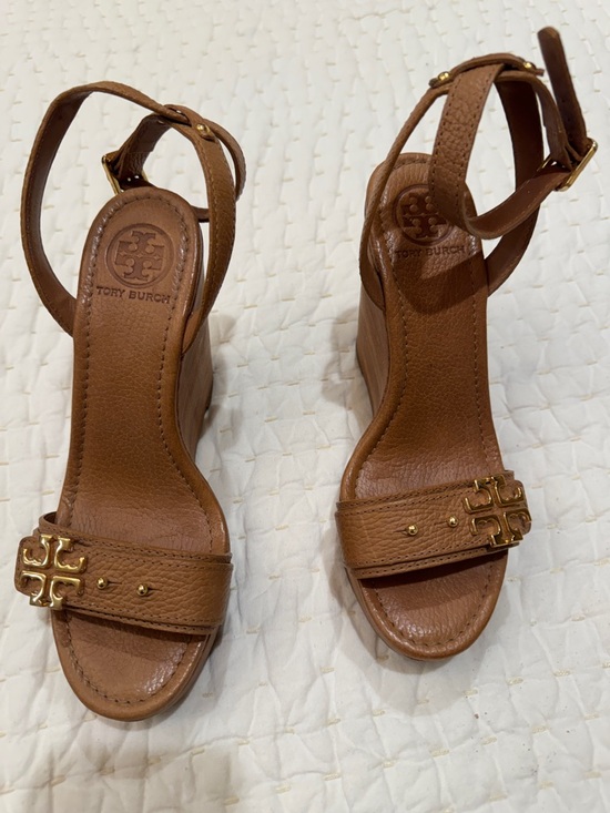 Tory Burch Shoes - Tory Burch Brown Leather Wedge Sandals with Gold Hardware